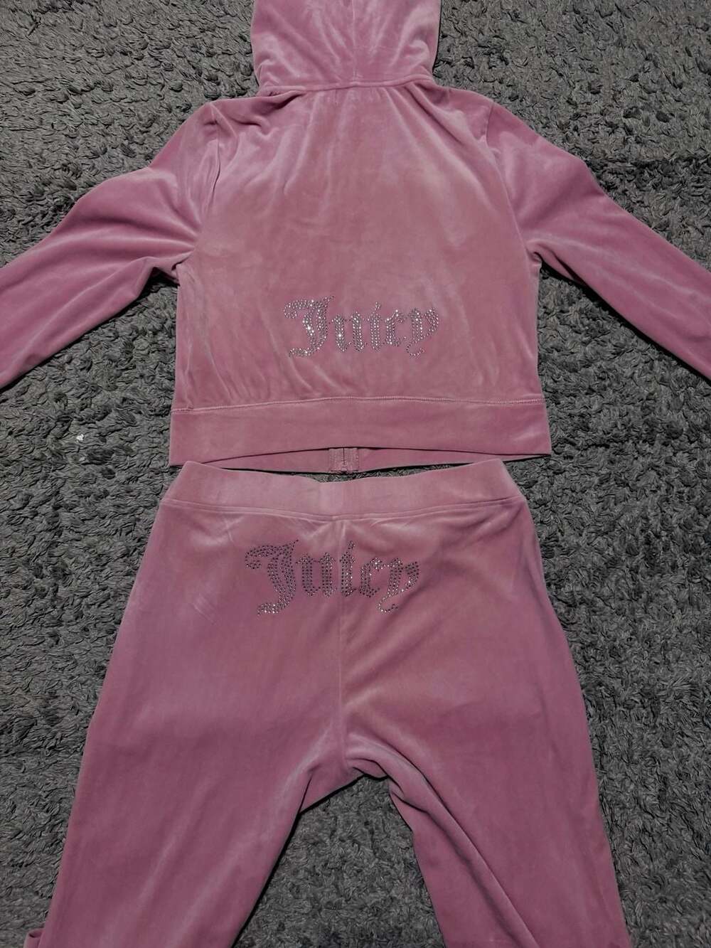 Juicy Couture Pink Velour Rhinestone Logo Zip-Up Hoodie and Flare Pants Tracksui